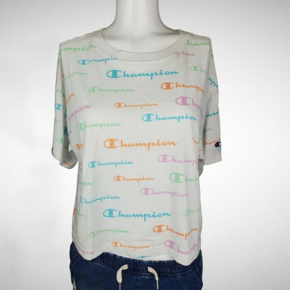 Champion Womens All Over Print Script Logo T-Shirt White Pastel Multicolor L